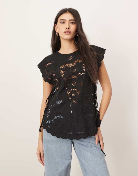 ARRANGE cotton cutwork embroidered top with tie side in black - Image 1