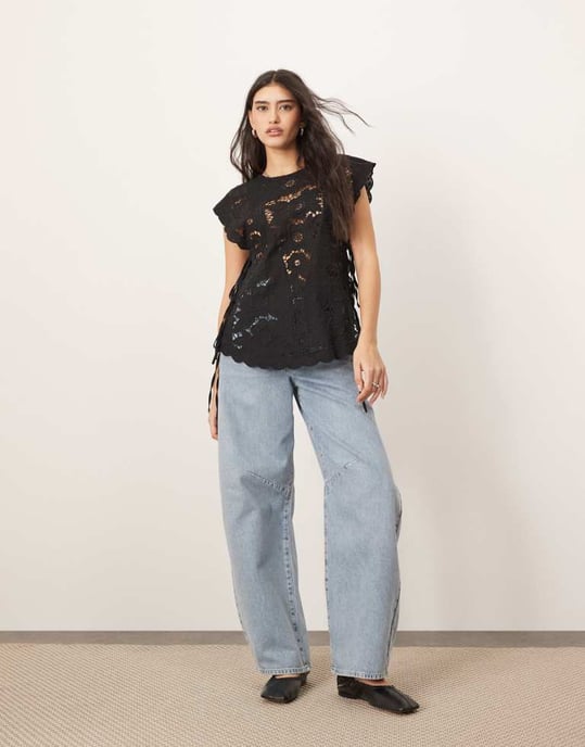 ARRANGE cotton cutwork embroidered top with tie side in black - Image 2