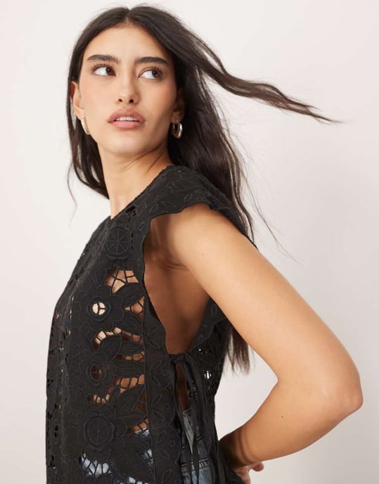 ARRANGE cotton cutwork embroidered top with tie side in black - Image 3