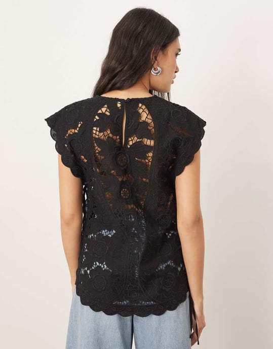 ARRANGE cotton cutwork embroidered top with tie side in black - Image 4
