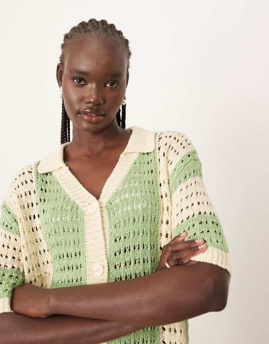 ARRANGE knitted vertical stripe oversized shirt co-ord in green - Image 2