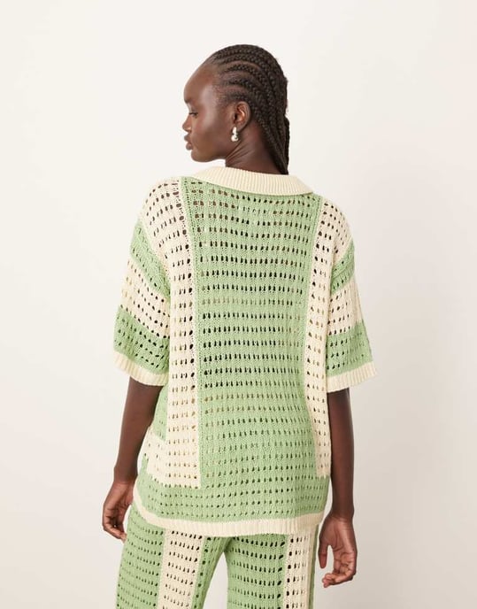 ARRANGE knitted vertical stripe oversized shirt co-ord in green - Image 3