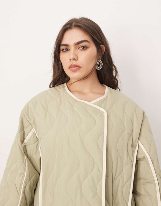 ARRANGE Curve quilted oversized jacket with contrast trim in sage - Image 3