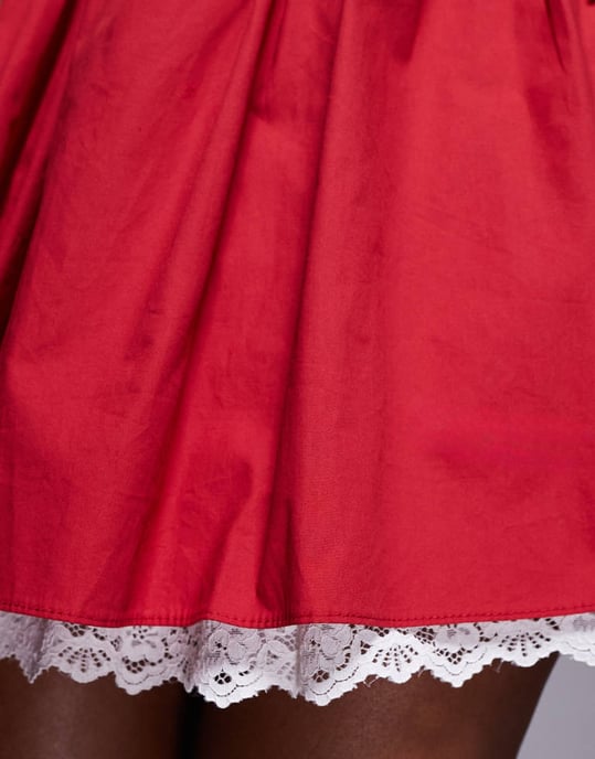 Kaiia exclusive cotton rich poplin bandeau contrast lace hem mini skater dress in red and white - Image 3