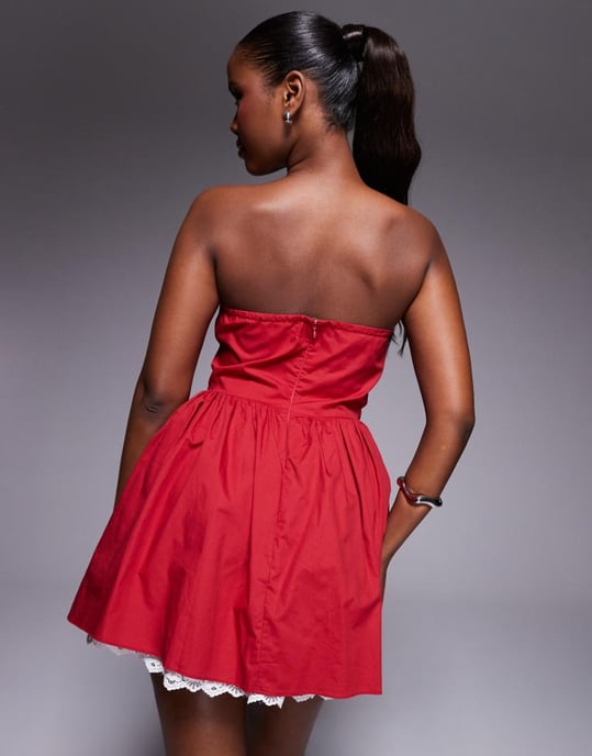 Kaiia exclusive cotton rich poplin bandeau contrast lace hem mini skater dress in red and white - Image 4