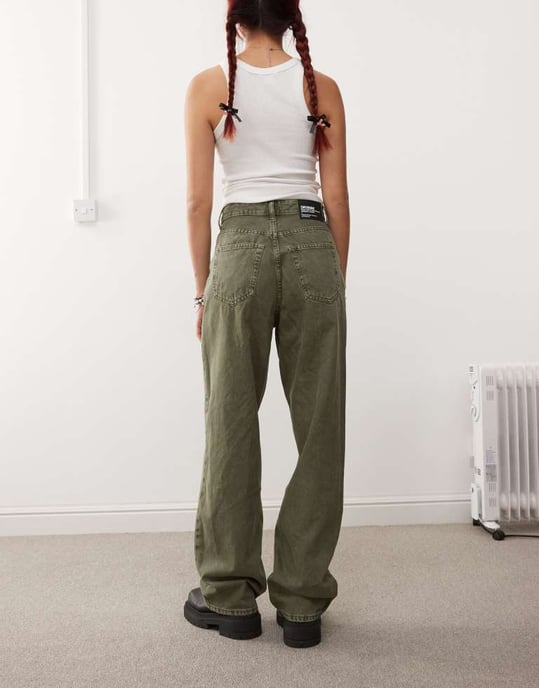 Dr Denim Donna avslappnad passform hög midja bred rak ben jeans i tvättad olivgrön - Image 2