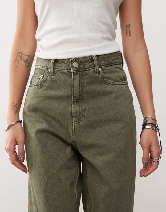 Dr Denim Donna avslappnad passform hög midja bred rak ben jeans i tvättad olivgrön - Image 4