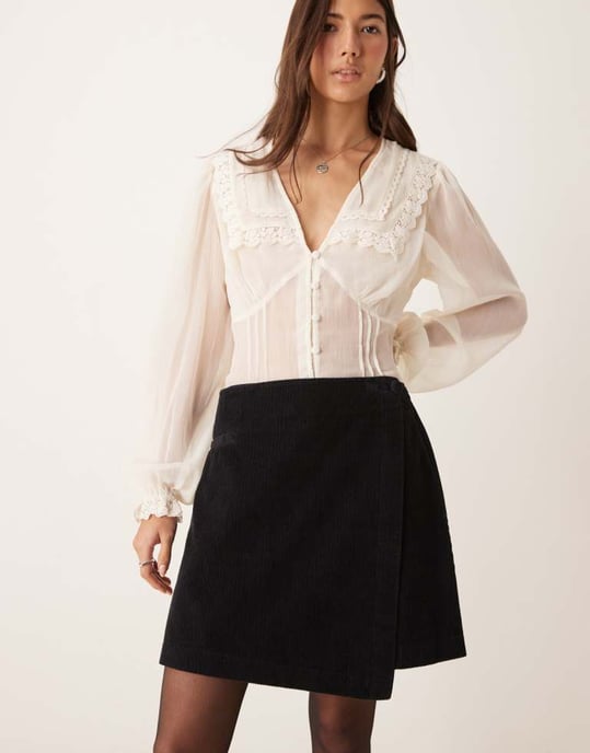 Nobody's Child Sofia wrap front mini cord skirt in black - Image 4