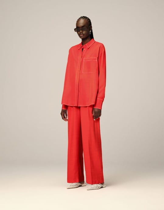 ARRANGE oversized contrast stitch shirt co-ord in red - Image 1
