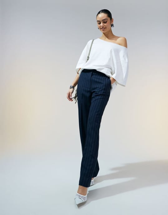 ASOS DESIGN skräddarsydda slim raka byxor i marinrandig - Image 2