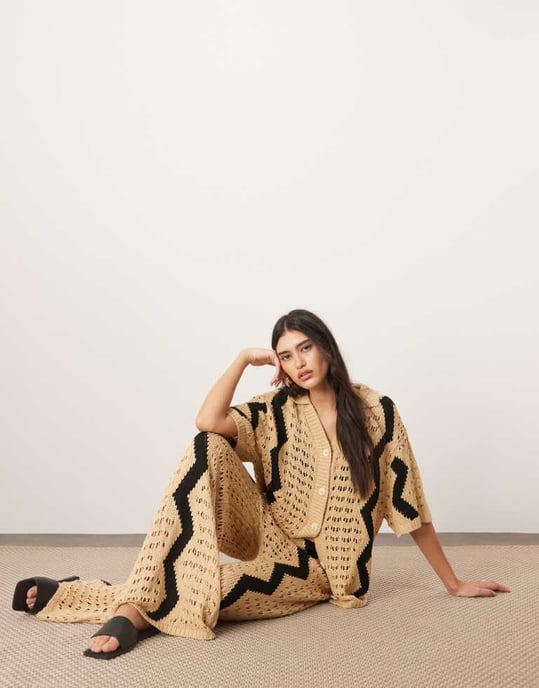 ARRANGE knitted wide leg trouser co-ord with zig zag in camel - Image 2