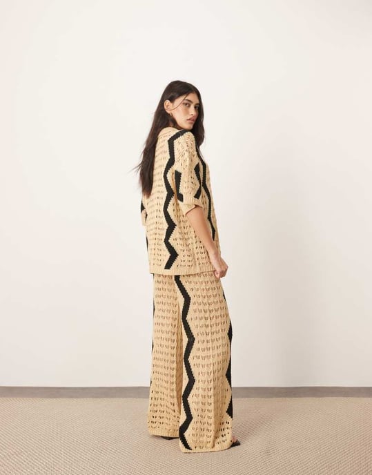 ARRANGE knitted wide leg trouser co-ord with zig zag in camel - Image 3