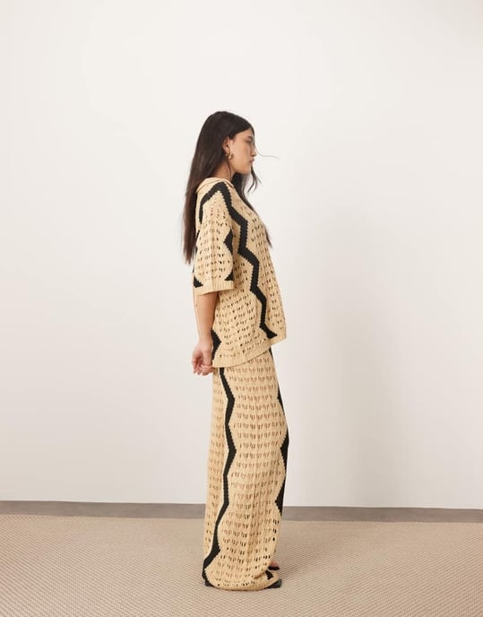 ARRANGE knitted wide leg trouser co-ord with zig zag in camel - Image 4