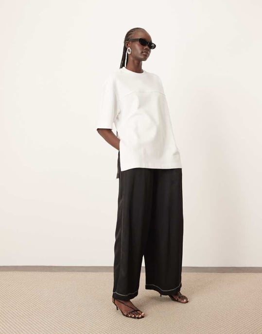 ARRANGE linen super wide trouser with contrast stitch in black - Image 1