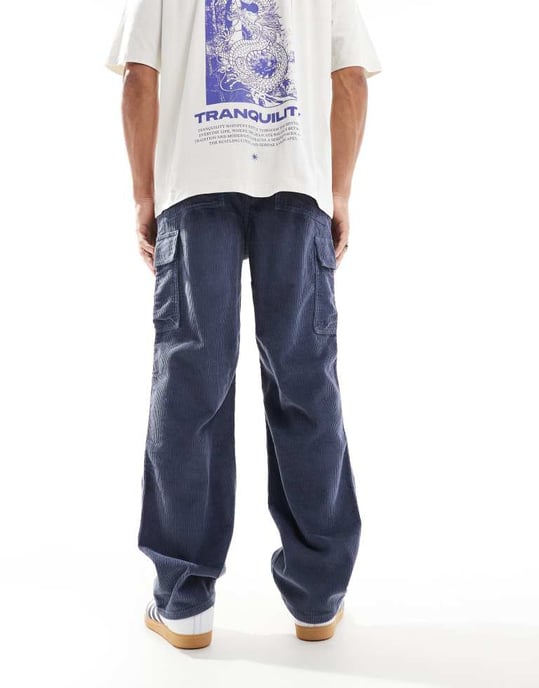 ASOS DESIGN baggy cargo cordbyxa i blått - Image 4