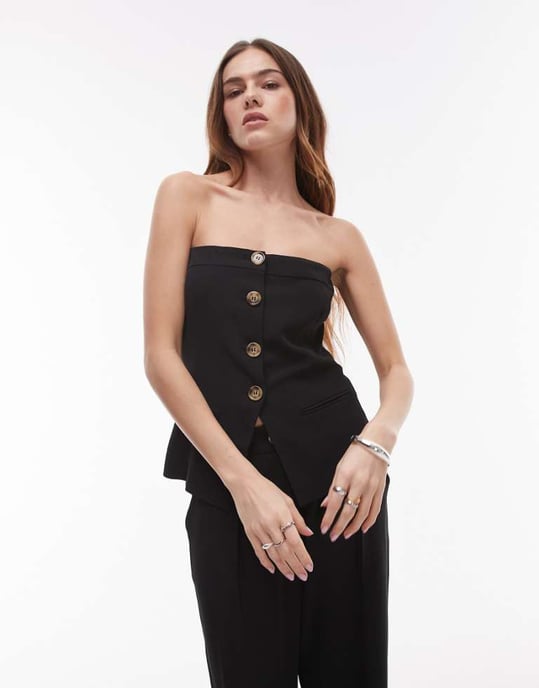 Nia grainge linen button through bandeau co-ord top in black - Image 1