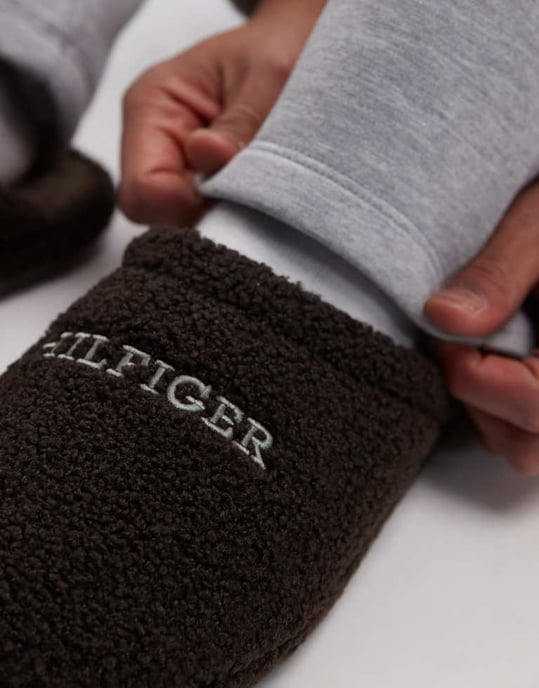 Tommy Hilfiger teddy slippers in dark brown - Image 4