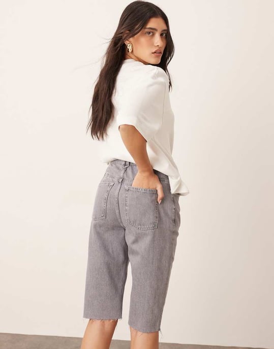 ARRANGE Cleo denim longline short with raw hem in slate grey - Image 2