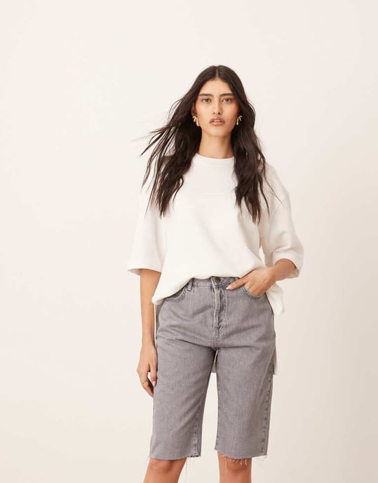 ARRANGE Cleo denim longline short with raw hem in slate grey - Image 3
