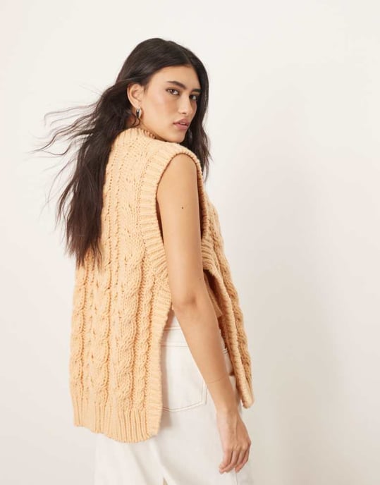 ARRANGE cable knit sleeveless jumper with tie detail in apricot - Image 3