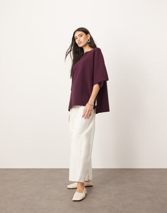 ARRANGE premium compact knitted oversized t-shirt in burgundy - Image 2