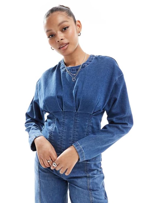 ASOS DESIGN denim jersey top with cinched waist in midwash blue - Image 1