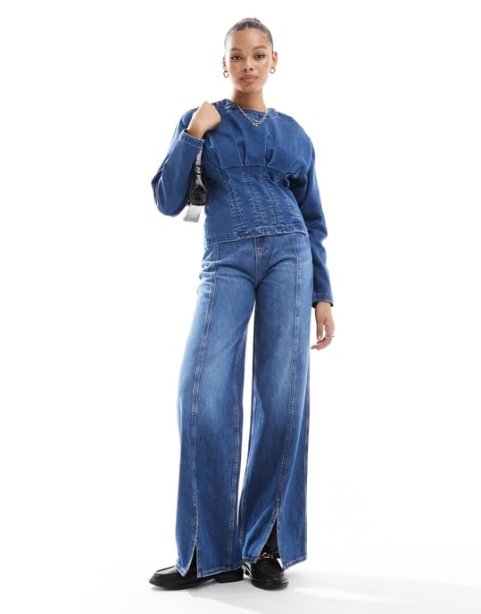 ASOS DESIGN denim jersey top with cinched waist in midwash blue - Image 2