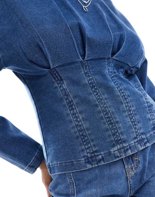 ASOS DESIGN denim jersey top with cinched waist in midwash blue - Image 3