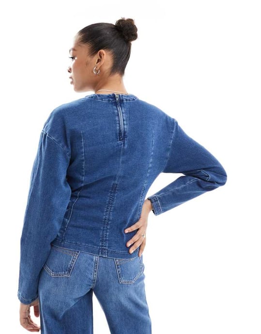 ASOS DESIGN denim jersey top with cinched waist in midwash blue - Image 4