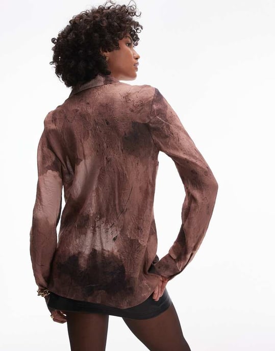Topshop bias textured shirt in brown spray print - Image 2