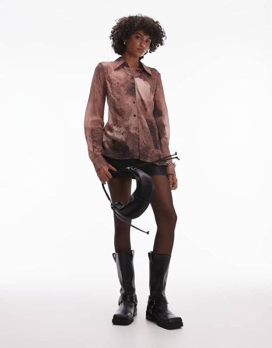 Topshop bias textured shirt in brown spray print - Image 4