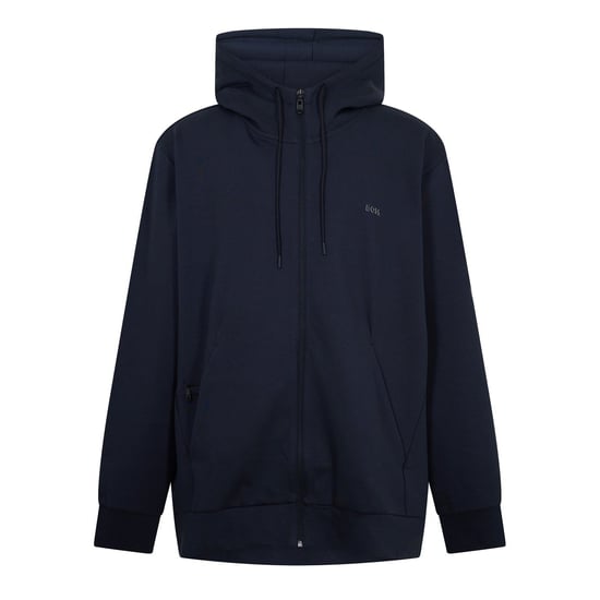 Men's Boss Saggy Solid Patterned Hooded Drawstring Ribbed Cuff Sweat Jacket in Dark Blue - Image 1