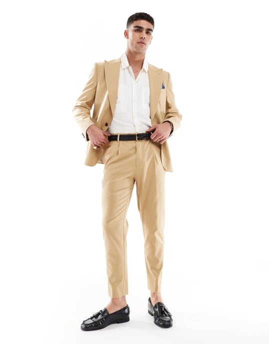 ASOS DESIGN linen blend slim suit jacket in beige - Image 2
