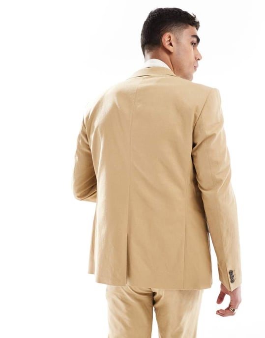 ASOS DESIGN linen blend slim suit jacket in beige - Image 4