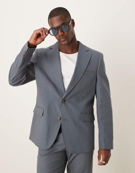ASOS DESIGN linen blend slim suit jacket in blue - Image 1