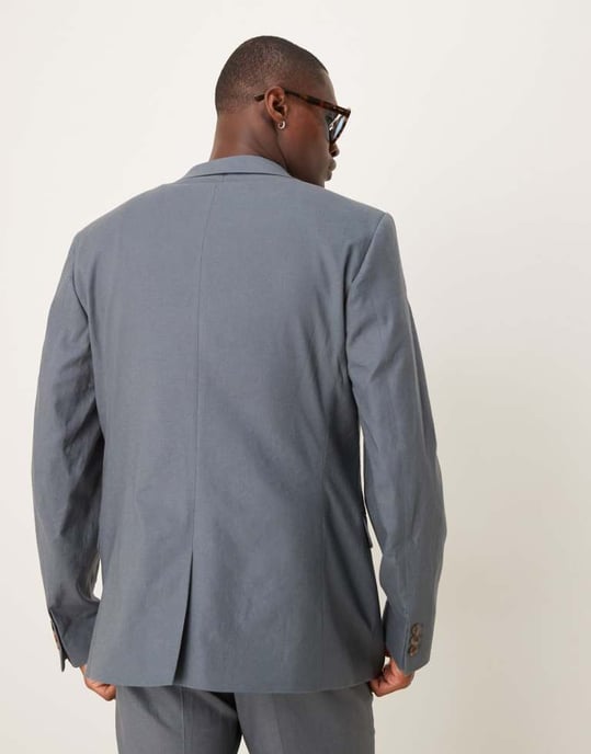 ASOS DESIGN linen blend slim suit jacket in blue - Image 3