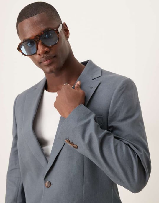 ASOS DESIGN linen blend slim suit jacket in blue - Image 4