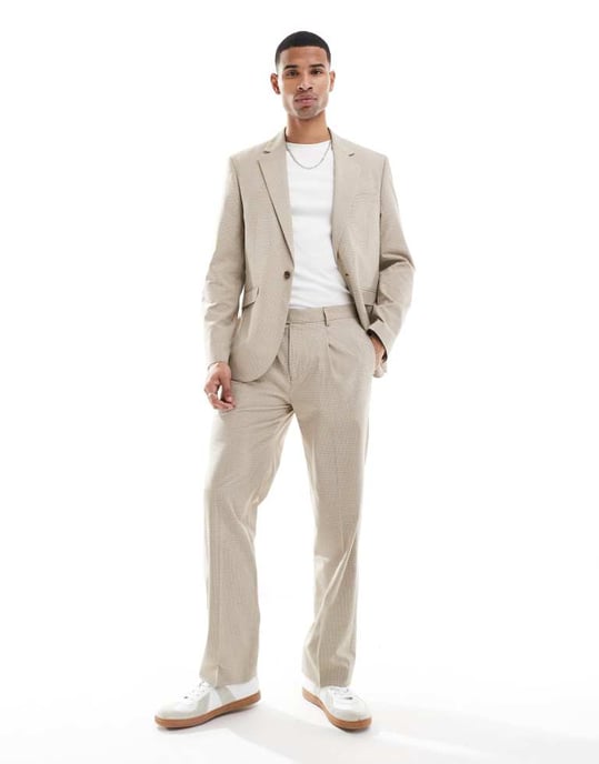 ASOS DESIGN slim fit suit jacket in neutral tonal puppytooth - Image 2