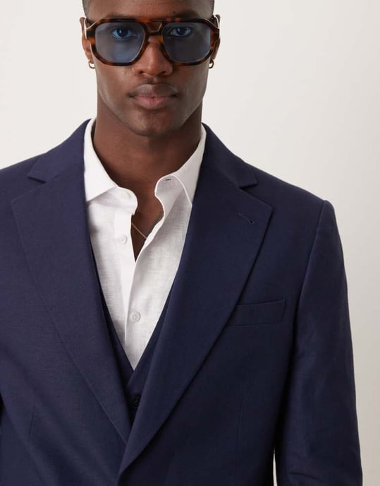 ASOS DESIGN linen blend slim suit jacket in navy - Image 2