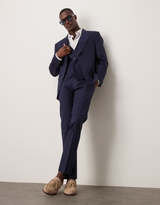ASOS DESIGN linen blend slim suit jacket in navy - Image 3