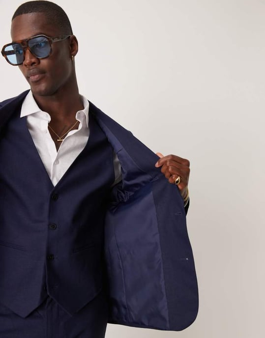 ASOS DESIGN linen blend slim suit jacket in navy - Image 4