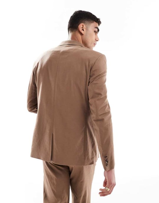 ASOS DESIGN linen blend double breasted regular suit jacket in brown - Image 3
