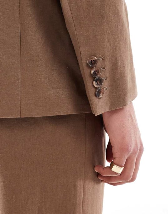 ASOS DESIGN linen blend double breasted regular suit jacket in brown - Image 4