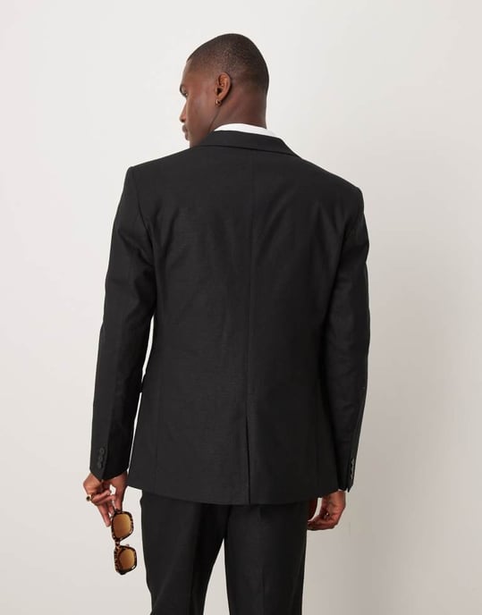 ASOS DESIGN linen blend slim suit jacket in black - Image 4