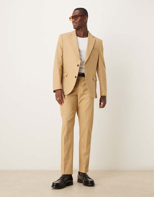 ASOS DESIGN linen blend slim suit jacket in beige - Image 2