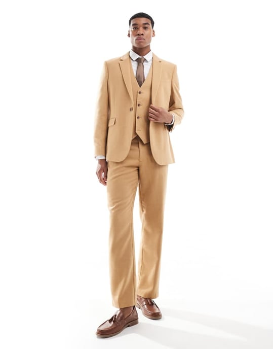 ASOS DESIGN slim suit jacket with wool in camel basketweave - Image 2