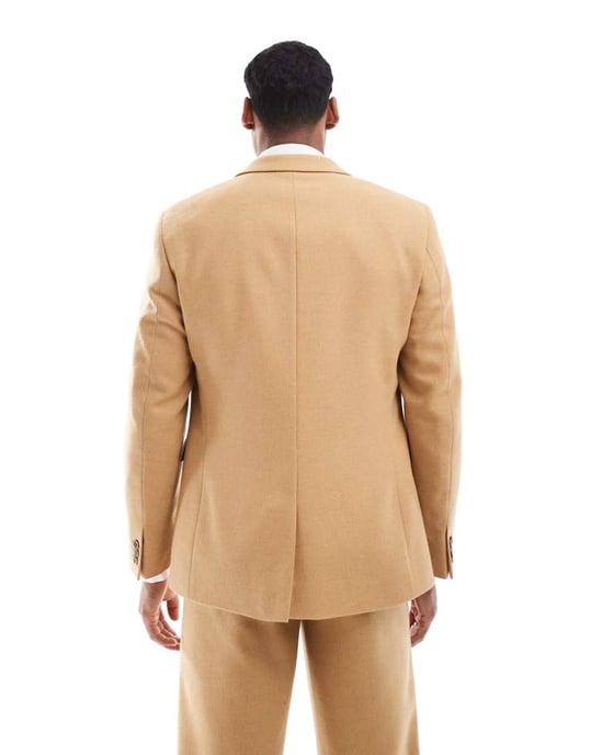 ASOS DESIGN slim suit jacket with wool in camel basketweave - Image 3
