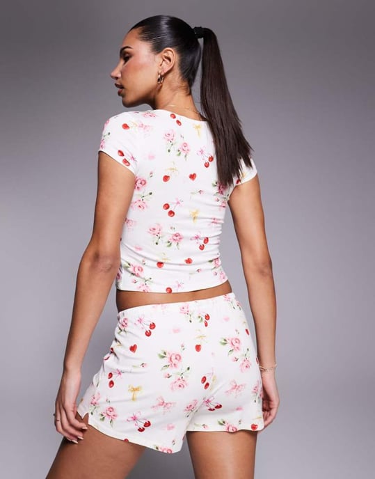Kaiia Exclusive mix & match button through pyjama top co-ord in cherry rose print - Image 4