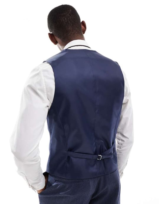 ASOS DESIGN slim suit waistcoat with wool in blue herringbone - Image 3