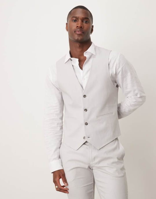 ASOS DESIGN linen blend skinny suit waistcoat in grey - Image 1